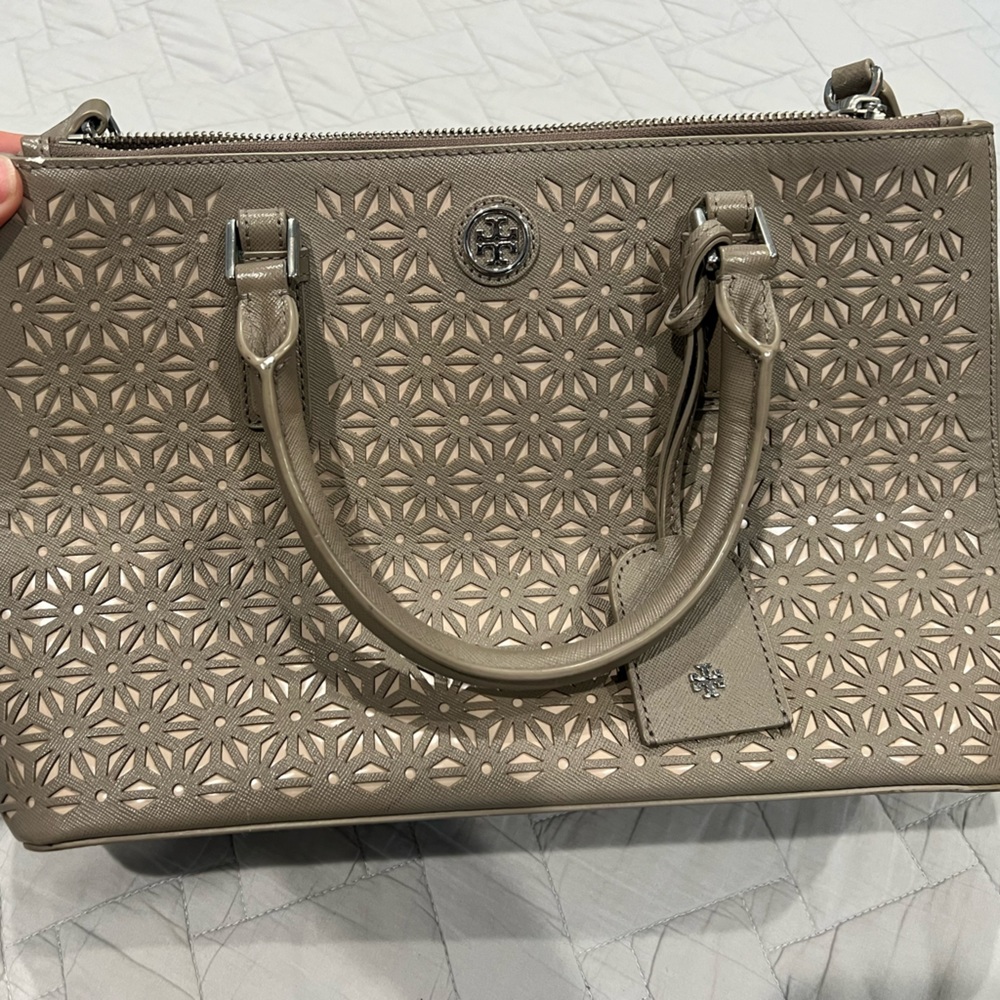 Tory Burch Grey Floral Laser Cut Robinson Tote